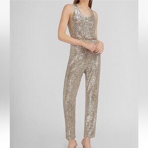 Express Sequin Jumpsuit Sleeveless Scoop-Neck Women’s Medium Silver Holidays